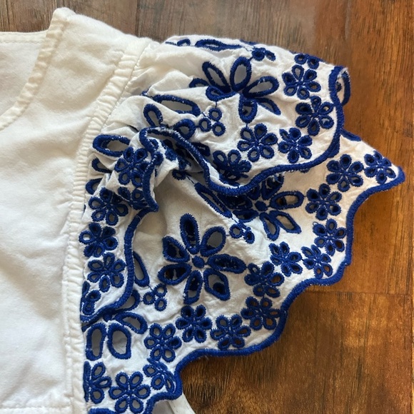 Madewell Women’s Size 4 White Shirt with Blue Embroidery on Sleeve Summer - Picture 10 of 11